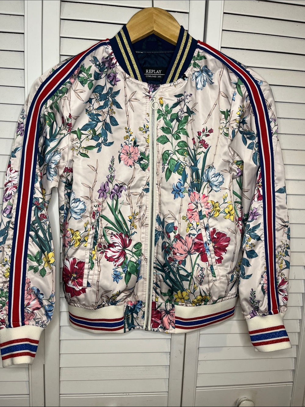 Replay Floral Satin Bomber Jacket - Cream Base with Multicolor Florals